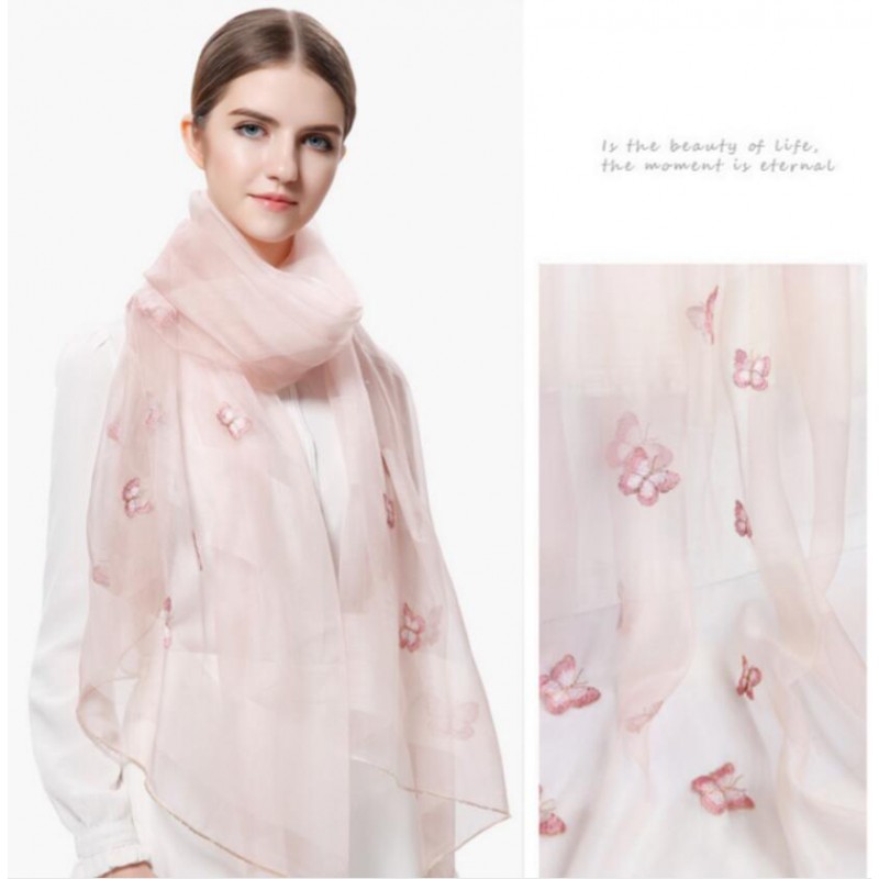 Wool Silk Scaves Pink Tree Butterfly Women Summer Scarf